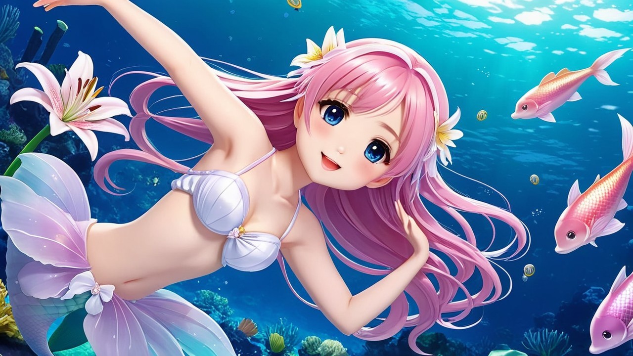 Cheerful mermaid with pink hair in vibrant ocean scene