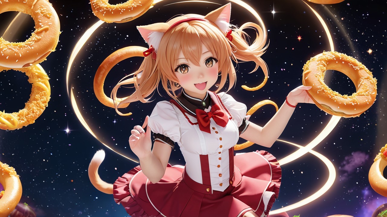 Cheerful anime character with cat ears in cosmic scene