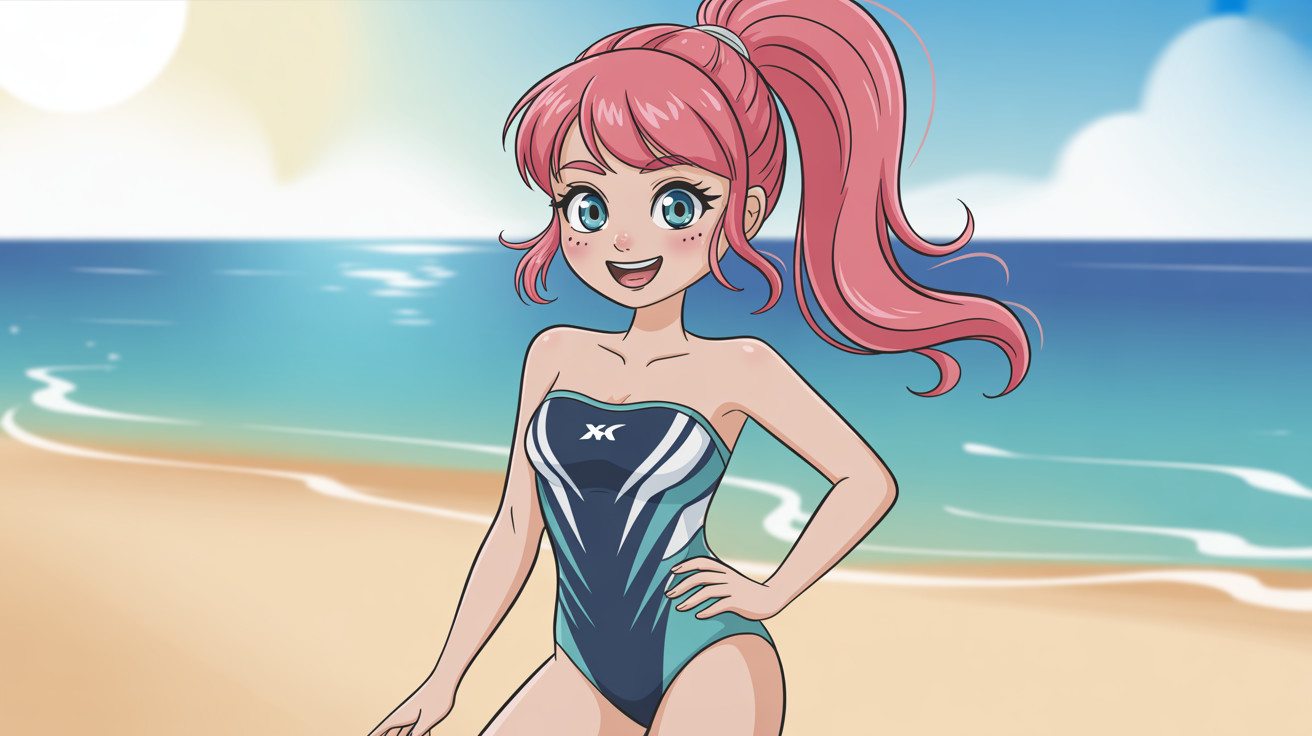 Ecstatic Anime Girl in Blue Swimsuit on Beach