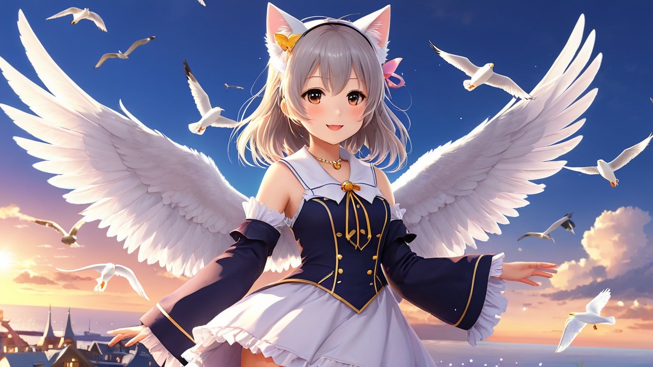 Whimsical Character with Wings at Vibrant Sunset