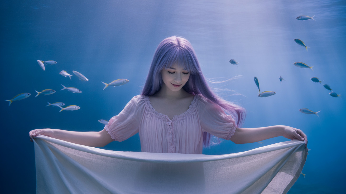Underwater Scene of a Woman in Lavender Nightgown