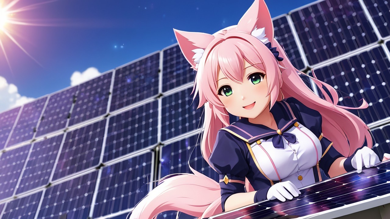 Cheerful Anime Character with Pink Hair and Solar Panels