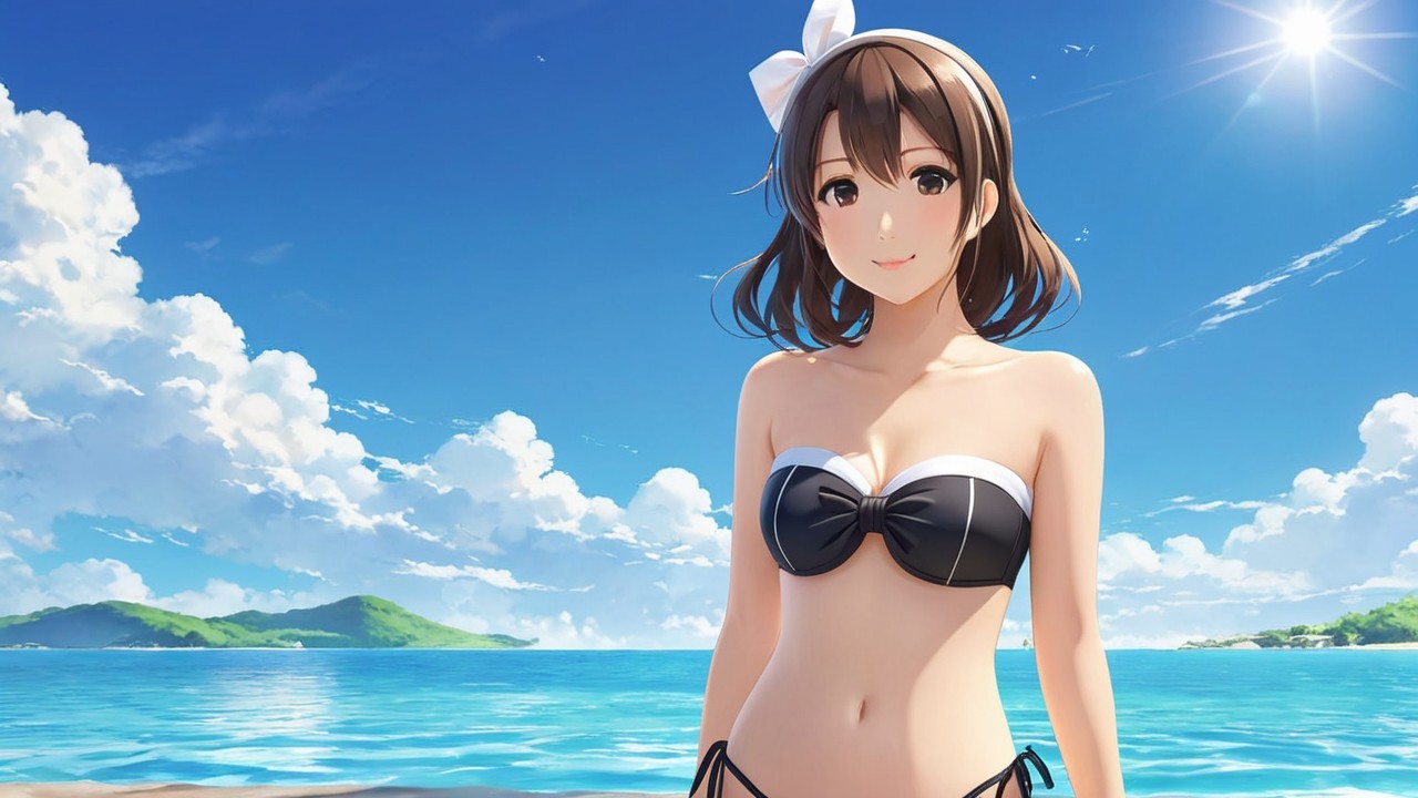 Young Woman in Bikini on Sunny Beach Landscape