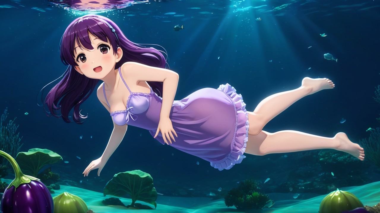 Young girl with purple hair swimming in serene waters