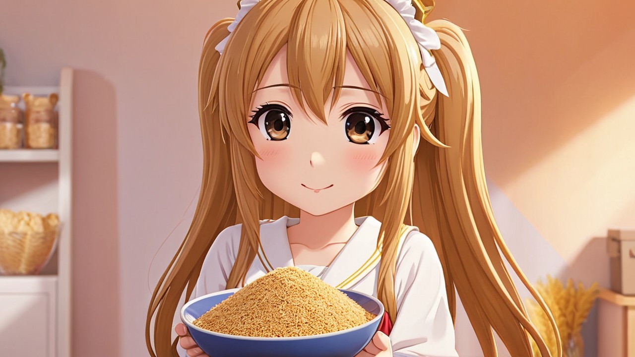 Cheerful girl in kitchen with blue bowl of sand