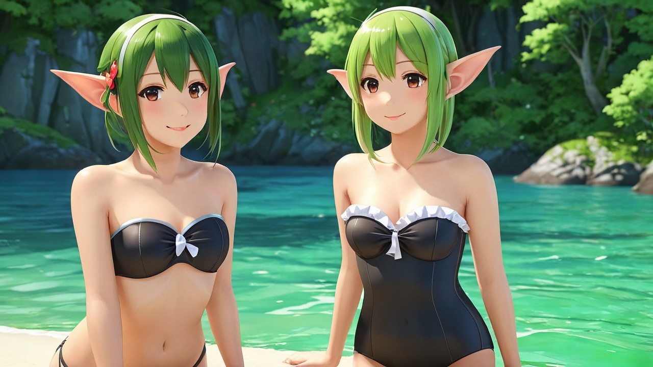 Animated Elf Girls by Turquoise Sea in Swimsuits
