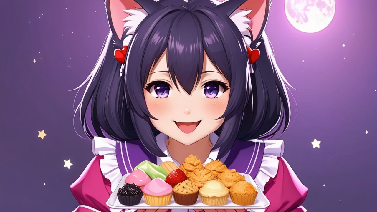 Cheerful Animated Character with Desserts Under Moonlight