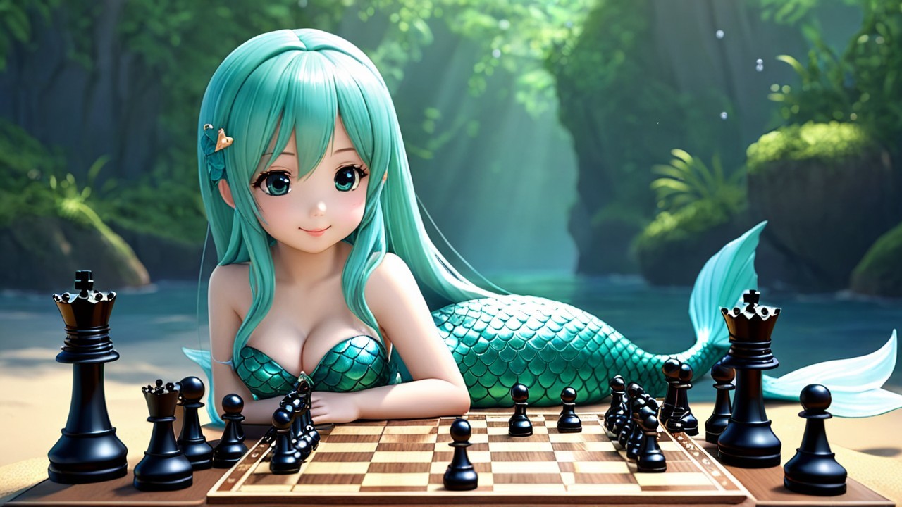Mermaid with Teal Hair Beside Chessboard in Forest