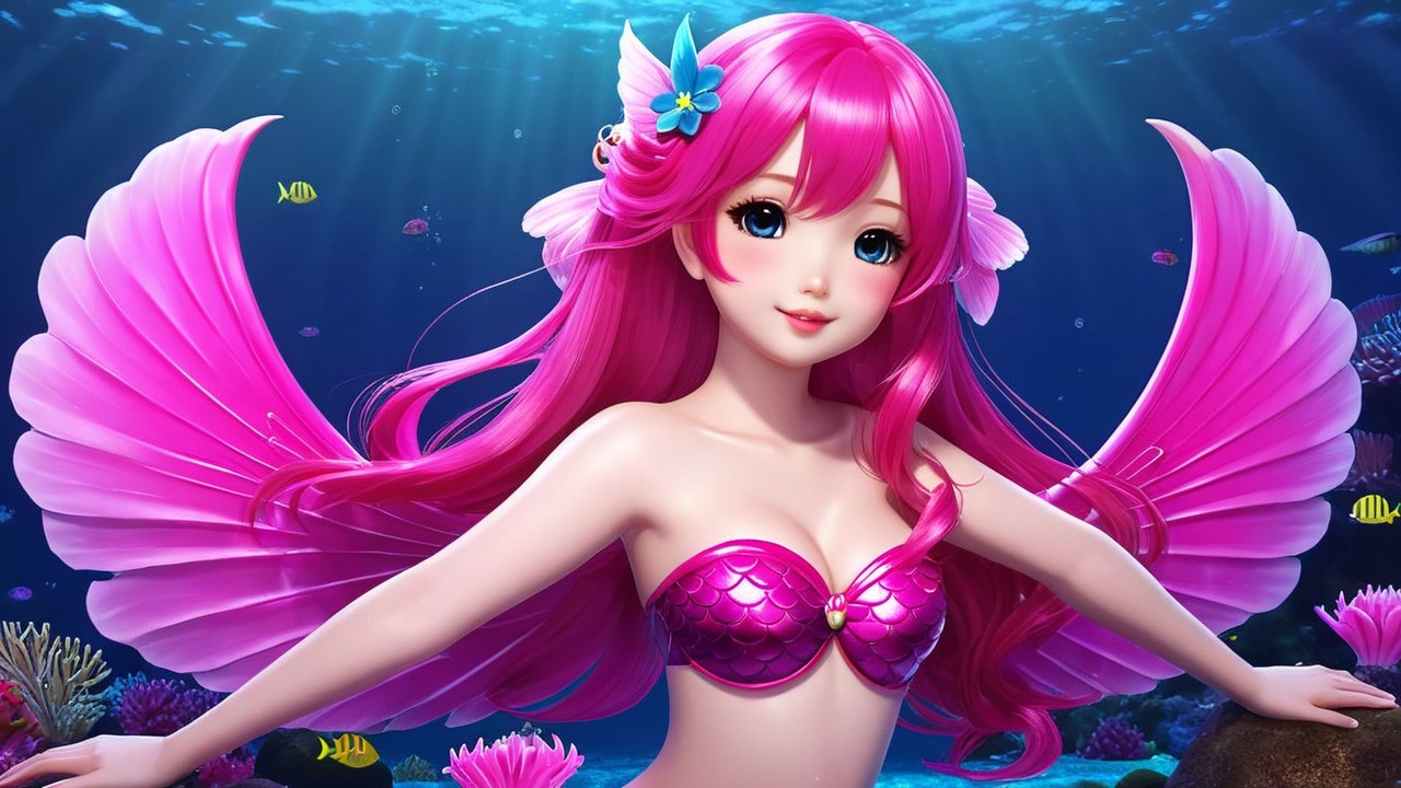 Vibrant Mermaid Surrounded by Coral and Tropical Fish