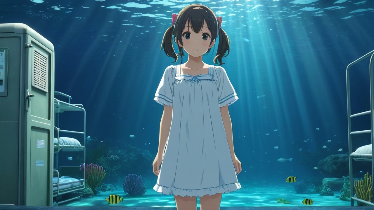 Young girl in white nightgown in serene underwater scene