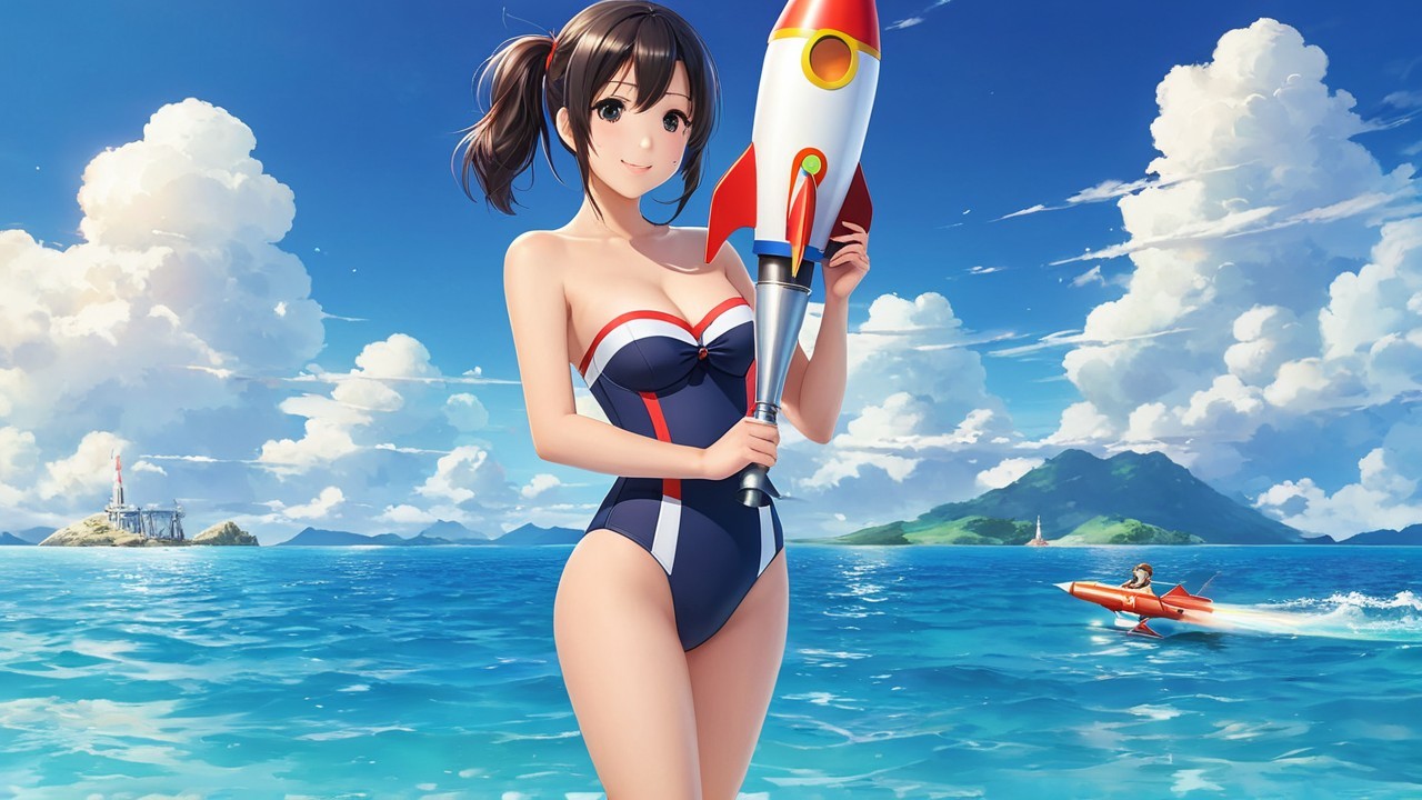 Young Woman in Swimsuit on Beach with Toy Rocket