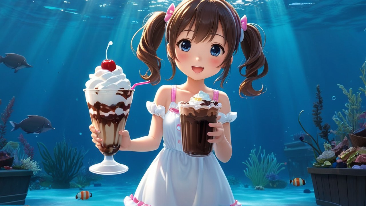 Anime girl with desserts underwater and vibrant marine life