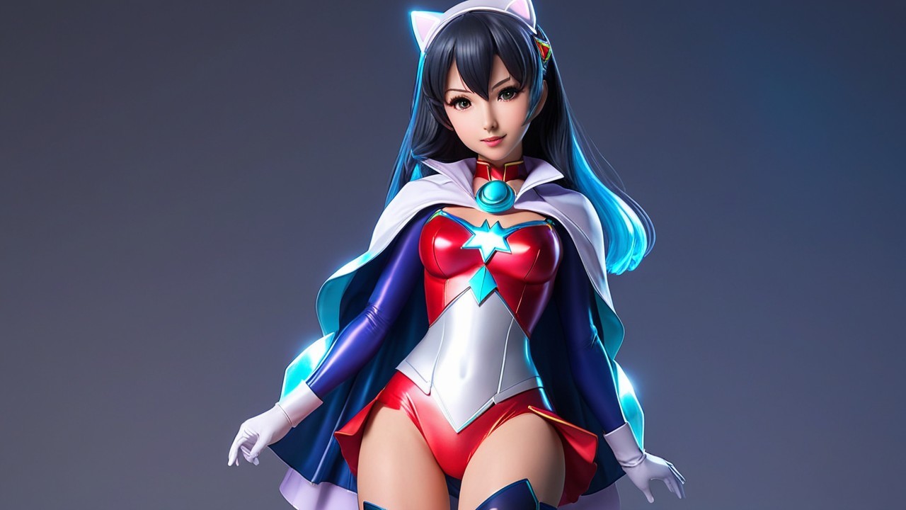 Anime-style superheroine in vibrant costume with cape