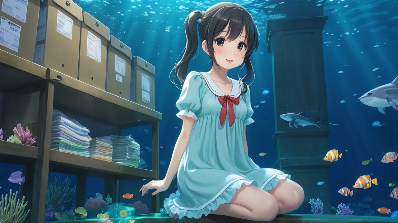 Cheerful girl in blue dress underwater with fish