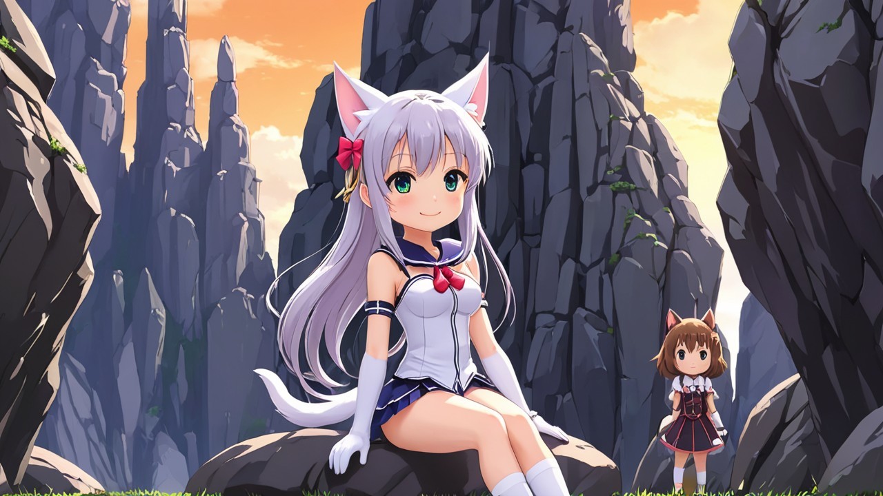 Anime Characters in Vibrant Fantasy Landscape at Sunset