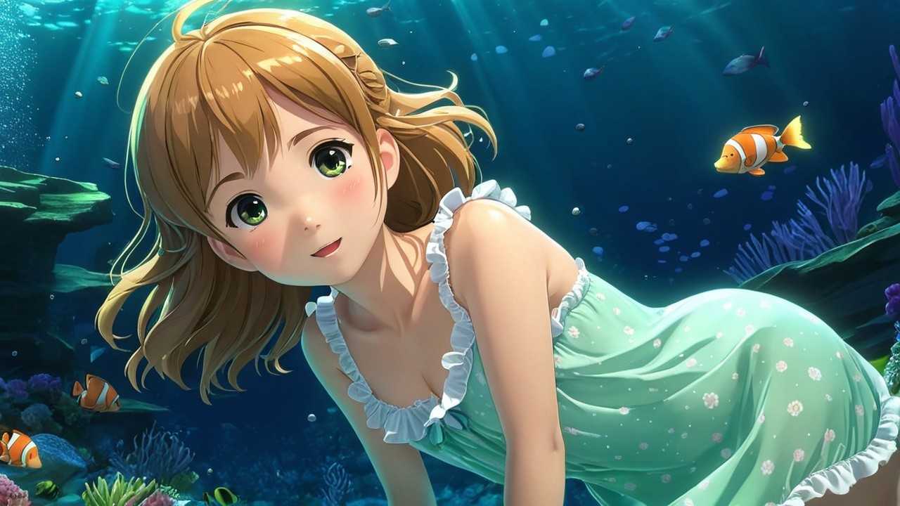 Young girl swimming in vibrant underwater scene