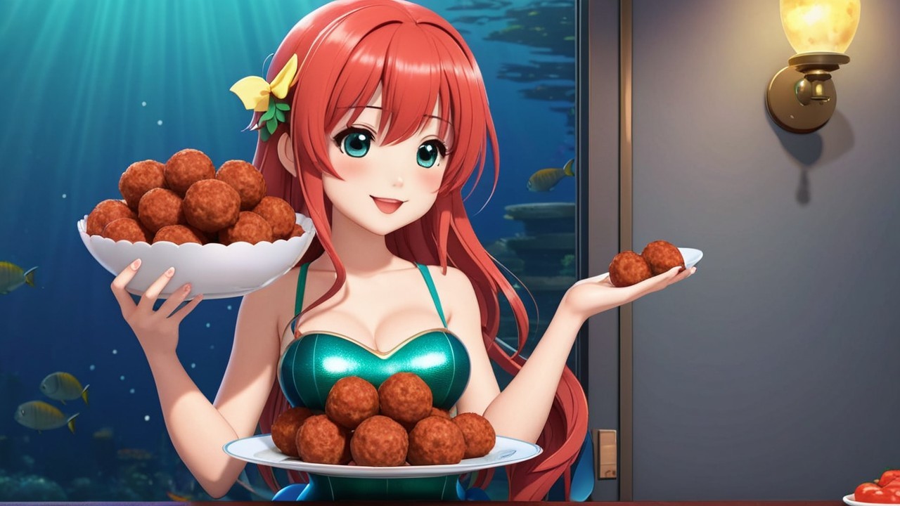 Cheerful girl with red hair and meatball platters