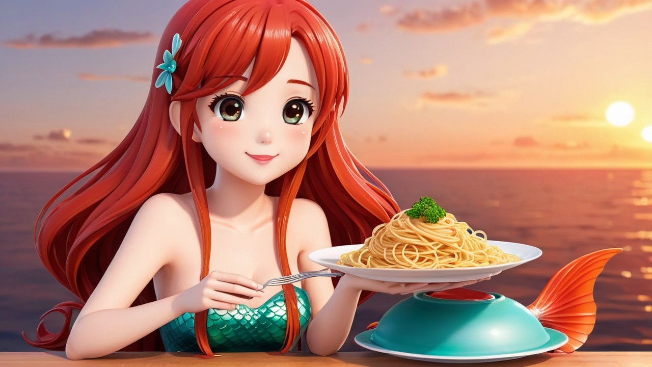 Mermaid at Seaside Table with Spaghetti Dinner