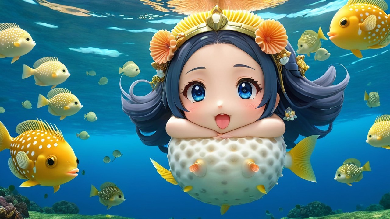 Whimsical Underwater Scene with Chibi Girl and Pufferfish