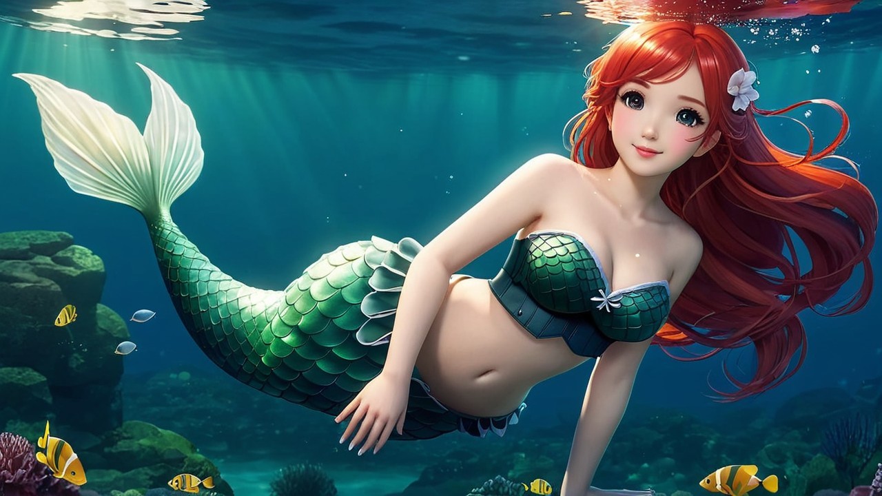 Vibrant Underwater Scene with a Mermaid and Coral
