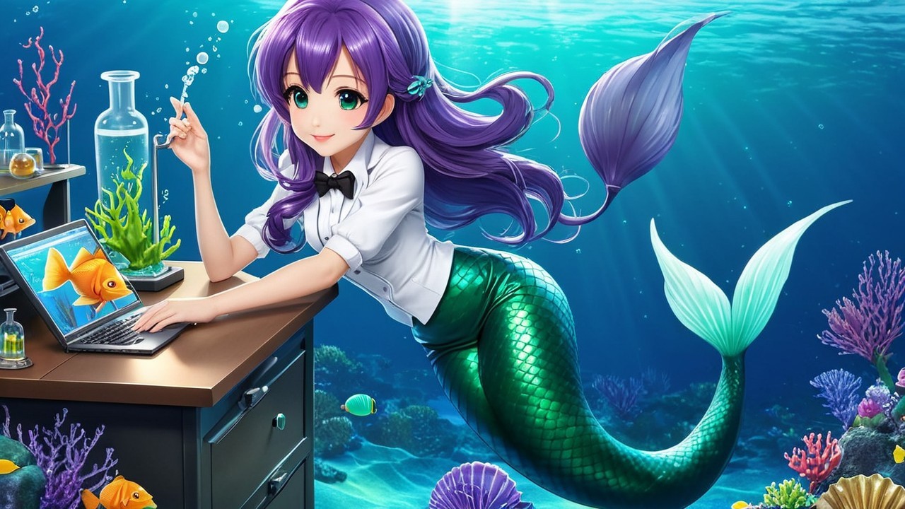 Vibrant Underwater Scene with Cheerful Mermaid