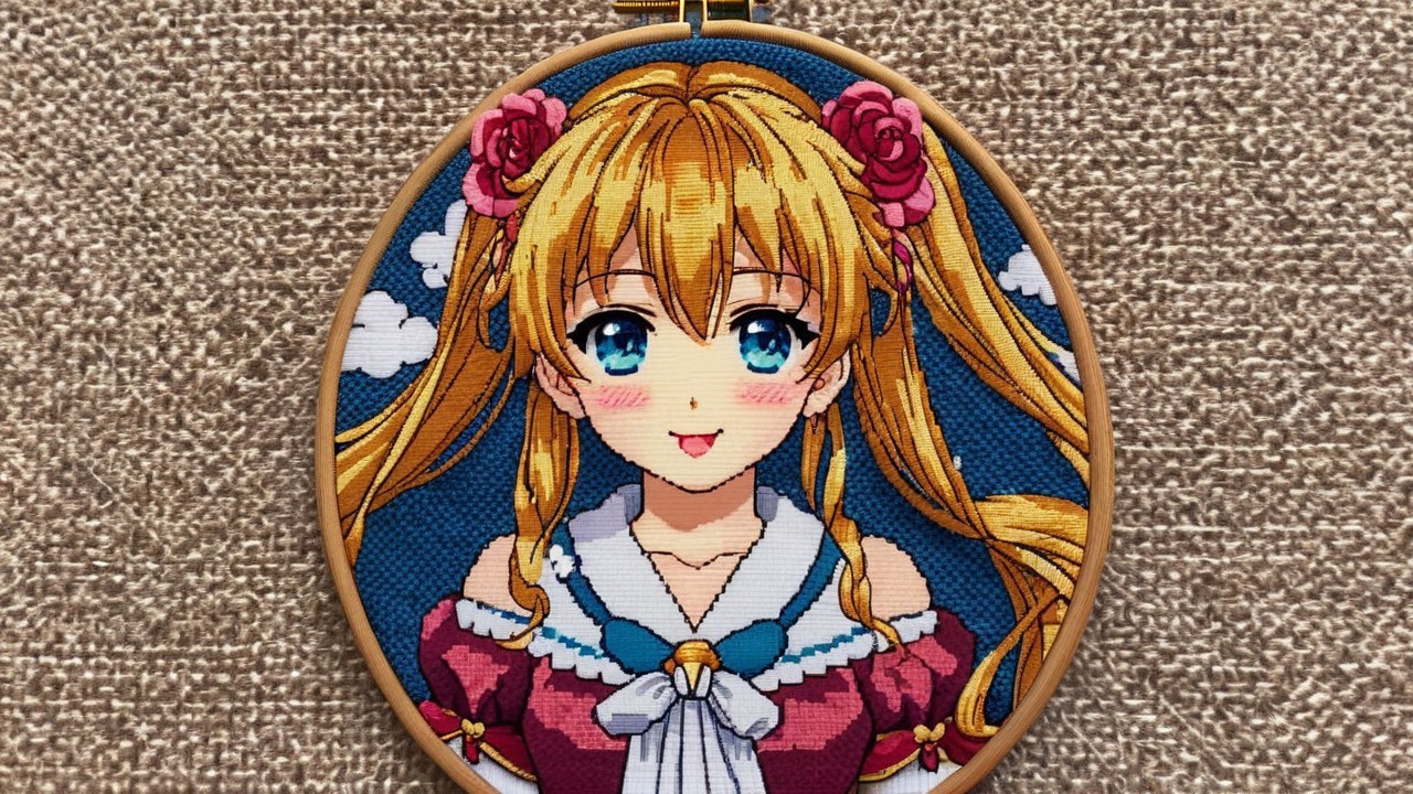 Embroidery of Anime Girl with Blonde Hair and Roses