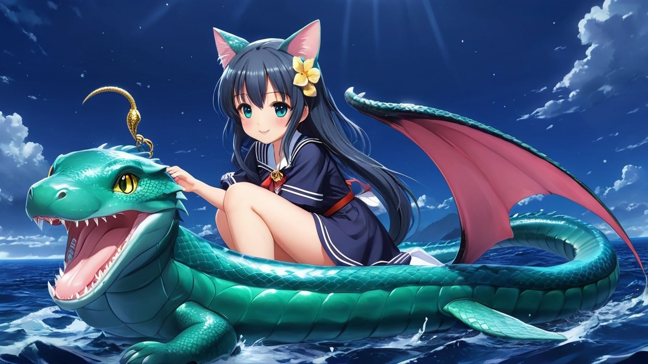 Young girl with cat ears on a dragon in the ocean