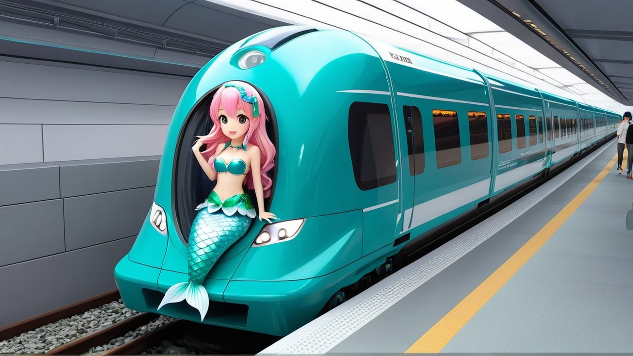 Turquoise Train with Mermaid Design at Modern Platform