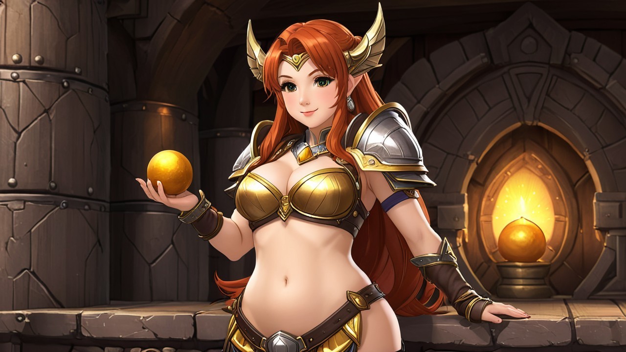 Armored Warrior Woman in Glowing Stone Chamber