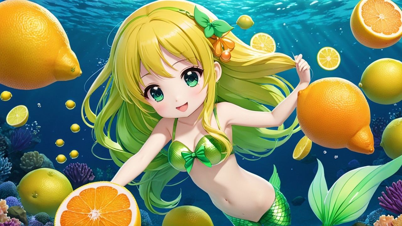 Cheerful mermaid swimming among colorful citrus fruits