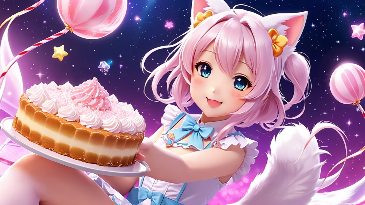 Cheerful character with cake in a whimsical setting