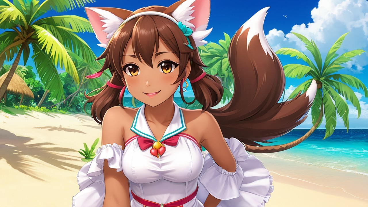 Cheerful girl with fox features on tropical beach
