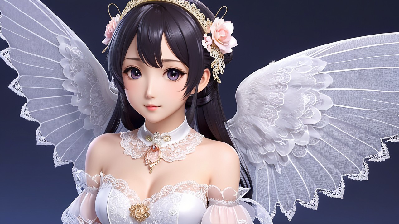 Ethereal character with angelic wings and floral adornments