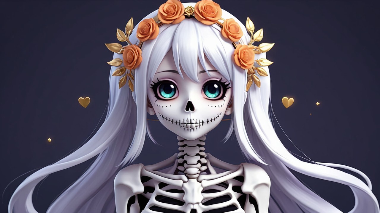 Stylized skeleton character with oversized eyes and hair