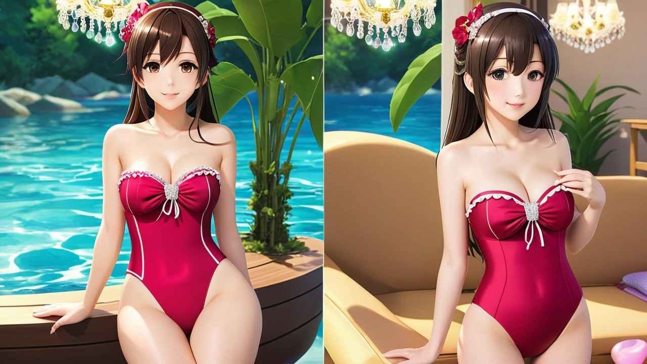 Stylized character in red swimsuit by a pool