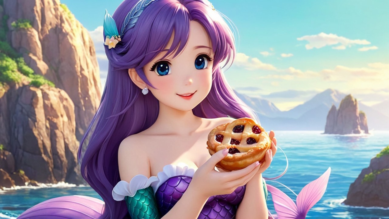 Whimsical Mermaid with Pie in Ocean Paradise Scene