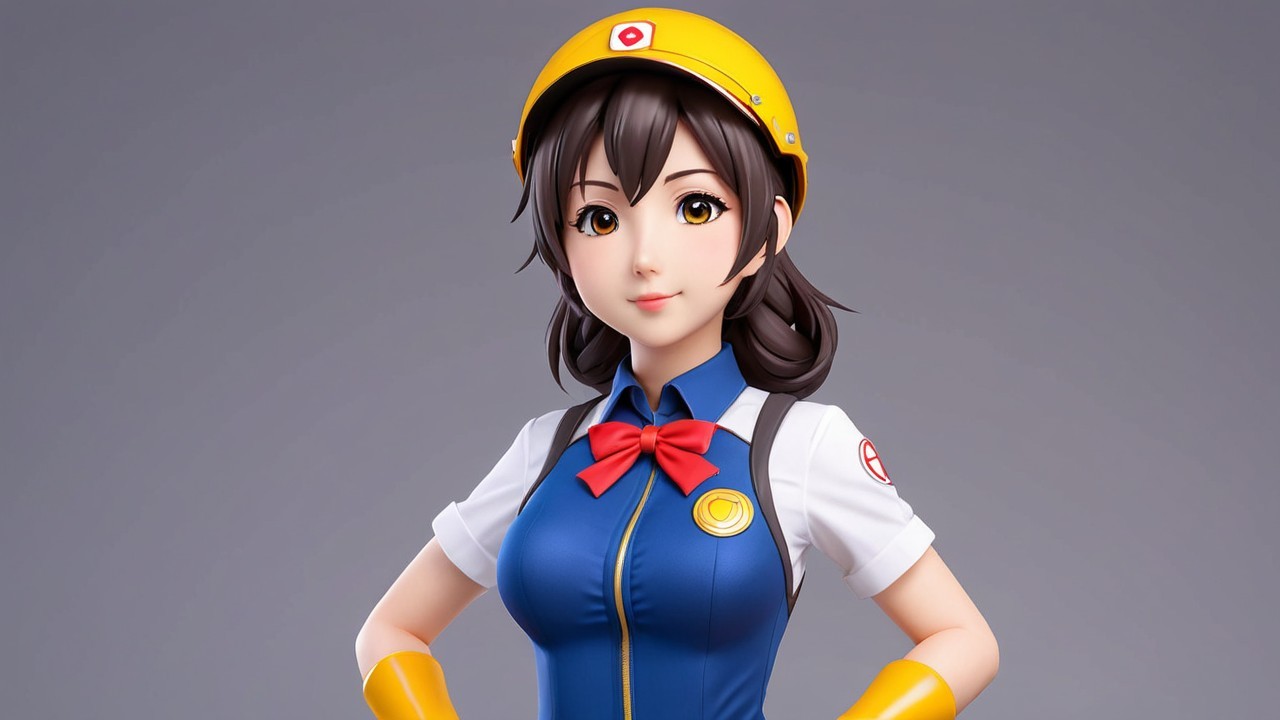 Stylized Female Character in Blue Uniform and Hard Hat