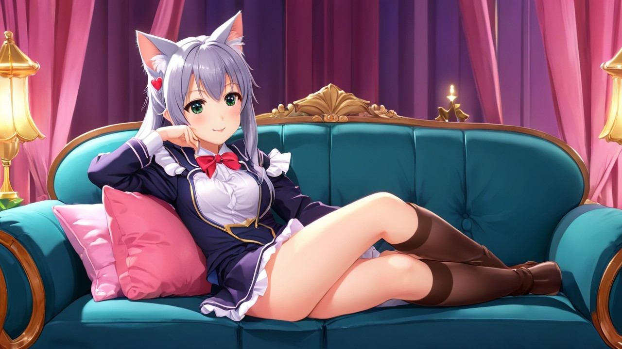 Anime Character with Cat Ears on Teal Sofa