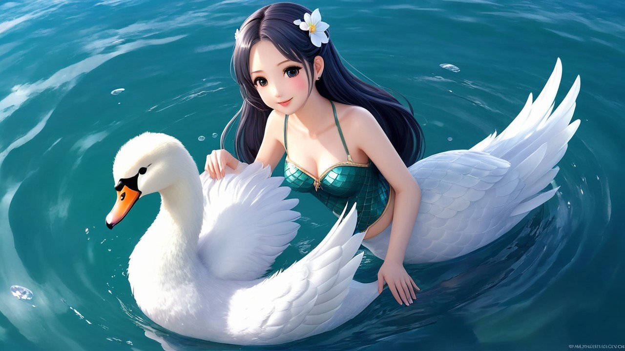 Young Woman Swimming with Swans in Turquoise Water