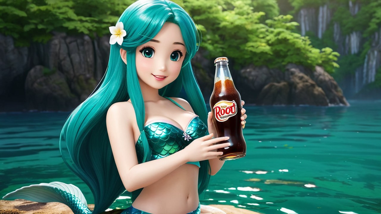 Mermaid in Turquoise Lagoon with Root Beer Bottle