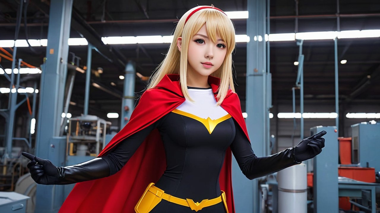 Superhero Character in Industrial Setting with Cape