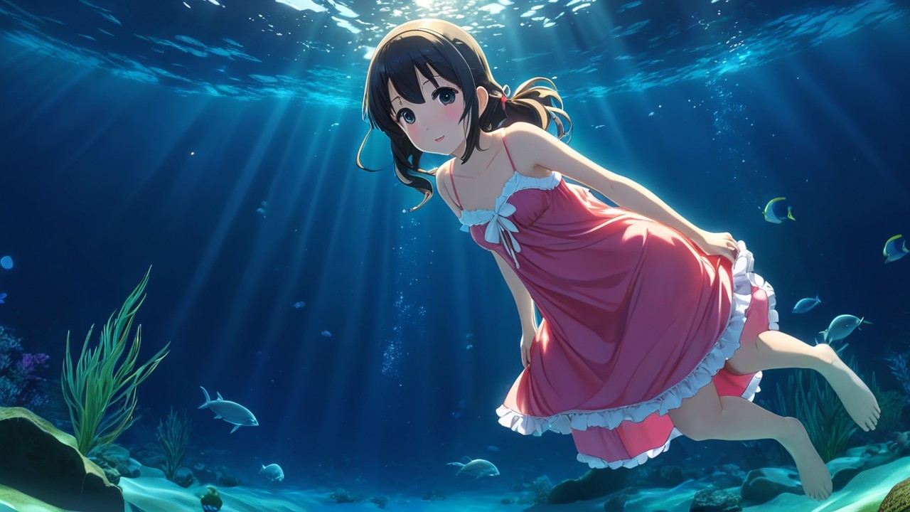 Young girl swimming gracefully among vibrant marine life