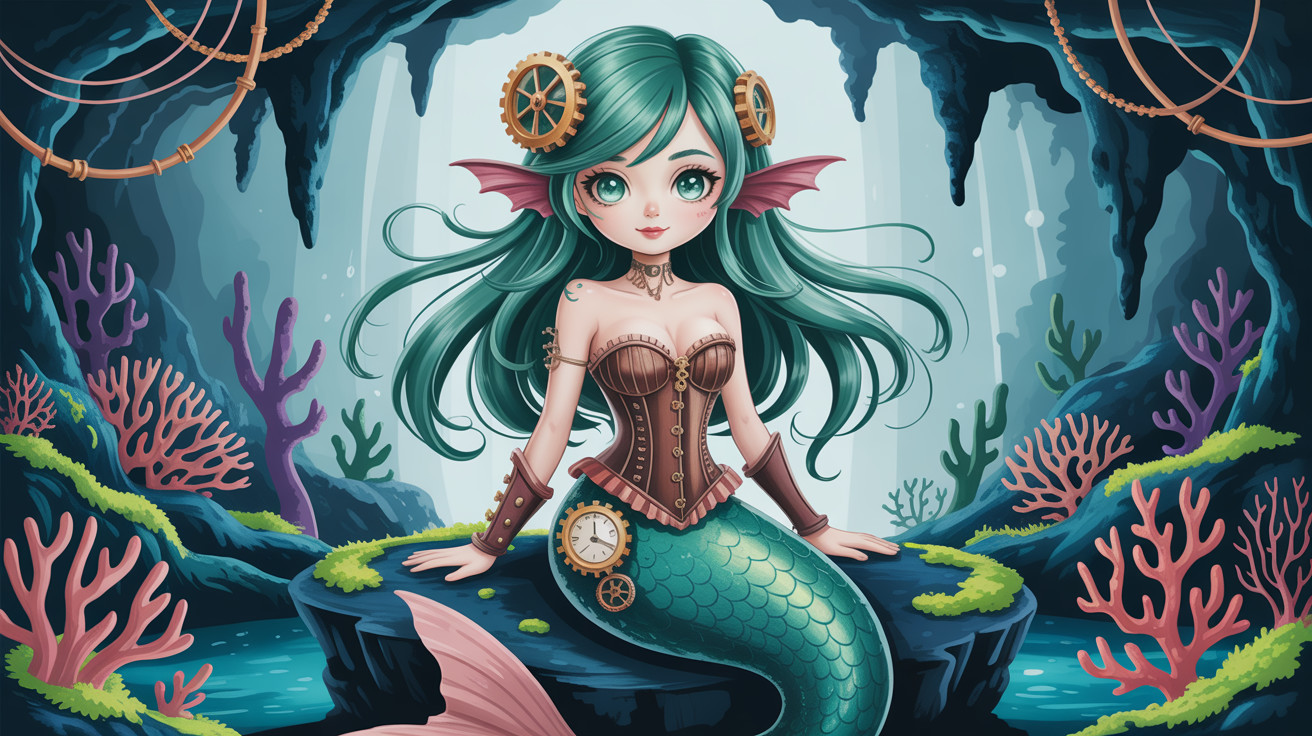 Steampunk Mermaid Illustration in Underwater Cave