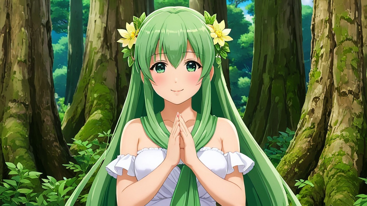 Young woman with green hair in a tranquil forest