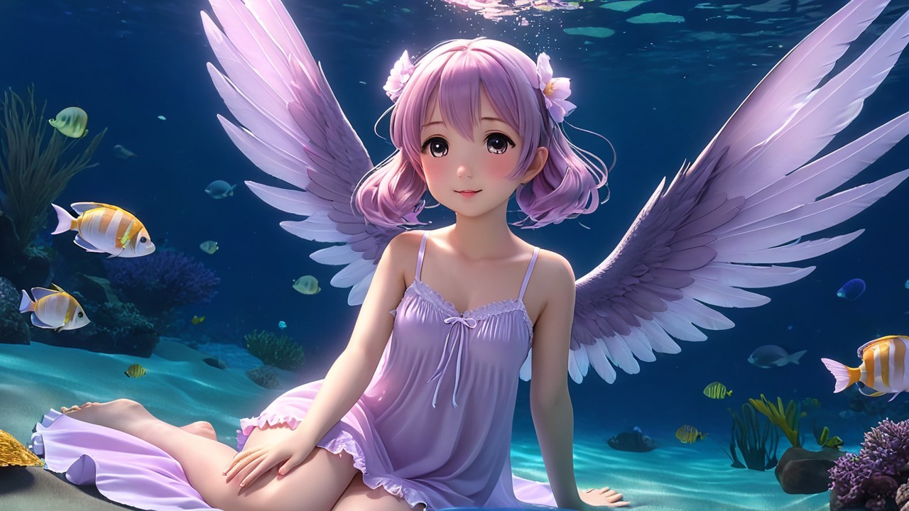 Ethereal Girl with Pink Hair and Angelic Wings Underwater