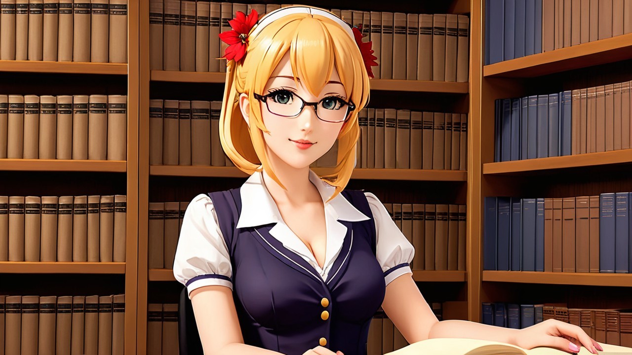 Animated Character in Library with Books and Glasses