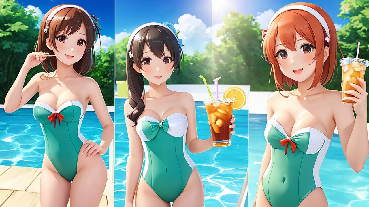 Three Characters by Pool in Stylish Swimsuits
