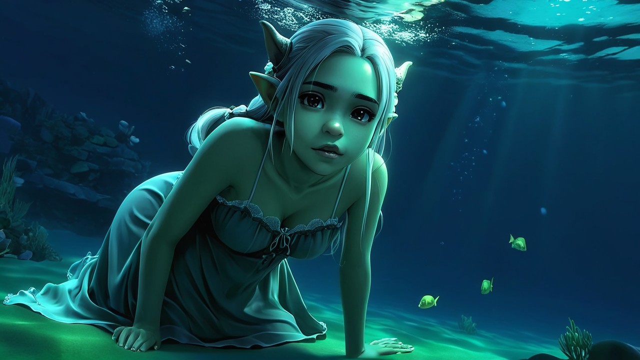 Magical Underwater Scene with Young Elf and Fish