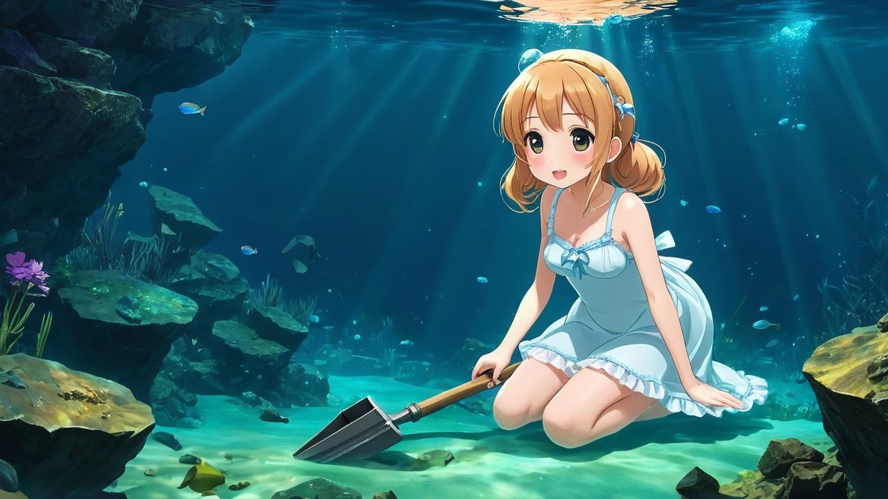 Animated girl in blue dress kneeling underwater