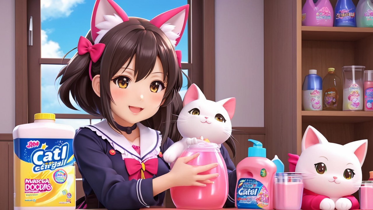 Cheerful girl with cat ears mixing colorful concoction